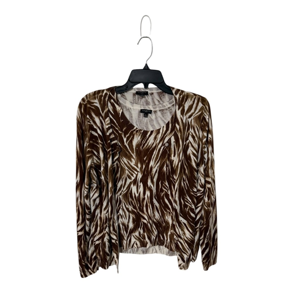 Talbots Petite Brown Zebra Print Twinset Cardigan and Shell Set LP Cotton Blend - Picture 1 of 4
